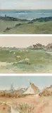 Landscape at dusk with a hunter in a field and Southwold in by William Fletcher Thomas, watercolour, sold Dec 2022