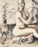 Nude playing a guitar Signed and dated Donald Friend 39 by Donald Friend, Pencil, pen and ink, and watercolour, sold Dec 2022