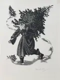 Santa Claus shoulders his load Signed Clare Leighton by Clare Leighton, Wood engraving, sold Dec 2022