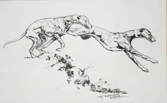 Leaping Hounds by Thomas Ivester Lloyd, ink on paper, offered Dec 2022
