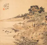 LANDSCAPE WITH FIGURES AND FISHERMAN Four Chinese paintings by Jiang Liuyu, ink and colour on paper, sold Nov 2022