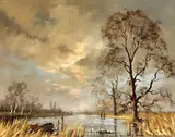 Rural landscape by Gudrun Barbara Sibbons, oil on board, offered Dec 2014