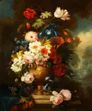 Still life with flowers in a vase on a marble plinth by English School 19th century, oil on canvas, sold Dec 2014