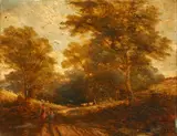 Cattle watering by a river; figures on a country road by English School, Mid-19th Century, oil on panel, a pair, sold Dec 2014