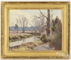 winter landscape of a river bend by Bernard Corey, oil on Masonite, sold Jun 2024