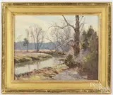 winter landscape of a river bend by Bernard Corey, oil on Masonite, sold Jun 2024
