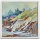 of a Maine coastal scene House at the Water's Edge by Charles Goodhue, oil on Masonite, sold Jun 2024