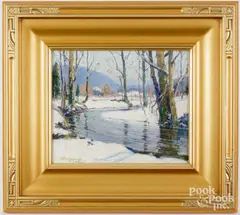 winter landscape with stream by Arthur James Emery Powell, oil on board, sold Jun 2024