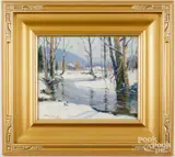 winter landscape with stream by Arthur James Emery Powell, oil on board, sold Jun 2024