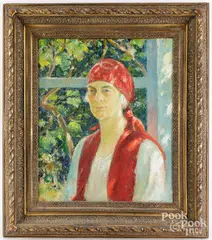 portrait of a woman in a red scarf by Howard Hildebrandt, oil on Masonite, sold Jun 2024