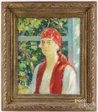 portrait of a woman in a red scarf by Howard Hildebrandt, oil on Masonite, sold Jun 2024