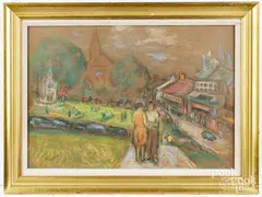 New York City park scene by Bernard Gussow, pastel, sold Jun 2024