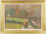 New York City park scene by Bernard Gussow, pastel, sold Jun 2024