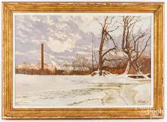 winter landscape titled Old Forge Pond by Robert Sarsony, oil on panel, sold May 2024