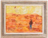 titled Boy with Box Kite by Harry Dunn, gouache on cardboard, sold May 2024