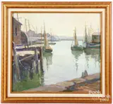of New England harbor by Caroline M. Bell, oil on artist board, sold May 2024