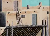 EVENING SNOW COMES (TAOS PUEBLO, NEW MEXICO, B. 1965), , SUMMER HOUSE, TAOS PUEBLO PAINTING by David Gary Suazo, oil on canvas, sold Jun 2025