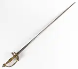 Straight steel double-edge blade with worn etching by Louis XV Smallsword, cast-bronze grapevine-pattern hilt with much of original gilding intact, sold Jun 2025