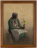 PORTRAIT OF A FLOWER SELLER by Elizabeth O'Neill Verner, pastel on silk-wrapped board, sold Jun 2025