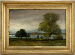 ATTRIBUTED, LANDSCAPE PAINTING by Edward Mitchell Bannister, oil on canvas, sold Jun 2025