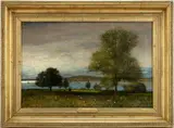 ATTRIBUTED, LANDSCAPE PAINTING by Edward Mitchell Bannister, oil on canvas, sold Jun 2025