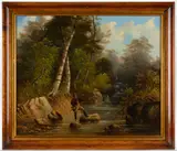 NEW HAMPSHIRE LANDSCAPE WITH TROUT FISHERMAN by Samuel B. Foster, oil on canvas, sold Jun 2025