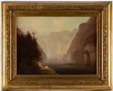 ALPINE LANDSCAPE WITH FIGURES by Ferdinand Feldhütter, oil on canvas, sold Jun 2025