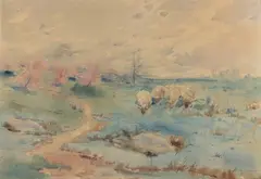 LANDSCAPE PAINTING FEATURING SHEEP by Lloyd Branson, watercolor on paper, sold Jun 2025