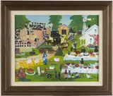 THE BARN RAISING PAINTING by Emma Schrock, oil on canvas, sold Jun 2025