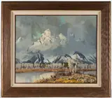 SPRING ON THE TETONS MOUNTAINOUS LANDSCAPE PAINTING by Conrad Schwiering, oil on board, sold Apr 2025