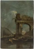 ATTRIBUTED, OR SCHOOL OF, CAPRICCIO WITH RUINS by Francesco Guardi, oil on panel, sold Apr 2025