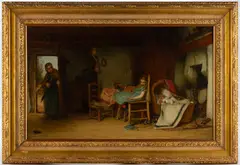 DOMESTIC GENRE SCENE by John Burr, oil on canvas, sold Apr 2025