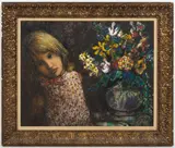 PORTRAIT OF A GIRL WITH FLOWERS by Carlos Irizarry, oil on canvas, sold Apr 2025