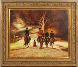 EQUESTRIAN FOX HUNT SCENE by Sue Kelleher, oil on canvas, sold Apr 2025