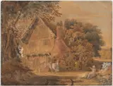 LANDSCAPE WITH FIGURES AT A COUNTRY HOUSE by George Morland, watercolor and gouache on paper, sold Apr 2025