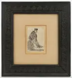MAN IN A COAT AND FUR CAP LEANING AGAINST A BANK ETCHING by Rembrandt Harmensz van Rijn, etching on laid paper, sold Apr 2025