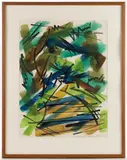 MID-CENTURY MODERN ABSTRACT PAINTING by Julia Davis, watercolor on paper, sold Apr 2025