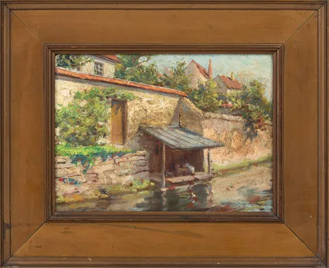 French Wash House by Claire Shuttleworth, Oil on artist board, sold Sep 2026