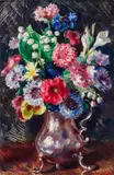 Mixed flowers in a silver jug by Nora Heysen, 1931, oil on canvas on board, sold Apr 2026