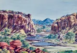 The Ampitheatre Gorge, Western MacDonnell Ranges by Oscar Namatjira, 1950s, watercolour on paper on card, sold May 2026