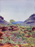 Central Australian landscape by Albert Namatjira, c.1944, watercolour on paper on card, sold Mar 2026