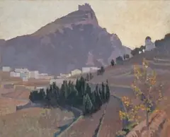 A Mountain Castle, Italy by Elioth Gruner, c.1924, oil on wood panel, sold Aug 2024