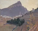A Mountain Castle, Italy by Elioth Gruner, c.1924, oil on wood panel, sold Aug 2024