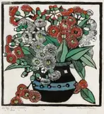 Gum Blossom by Margaret Preston, 1928, hand-coloured woodcut, sold Aug 2024