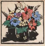 Hibiscus by Margaret Preston, 1925, hand–coloured woodcut, sold Aug 2024