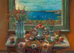 Harbour View, Bottlebrush And Kelim by Margaret Olley, c.1999, oil on composition board, sold Nov 2024