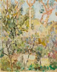 Hill In The Bush by Grace Cossington Smith, 1952, oil on cardboard, sold Nov 2024