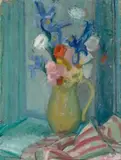 Flowers In Green Ceramic Jug by Kathleen Sauerbier, oil on canvas on board, sold Nov 2024