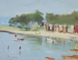 Bathing Boxes, Beaumaris by Clarice Beckett, c.1932, also known as ' The shallows' oil on canvas on board, sold May 2025