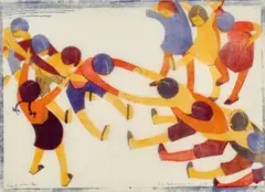 Tug Of War by Ethel Spowers, 1933, colour linocut on paper, sold May 2025